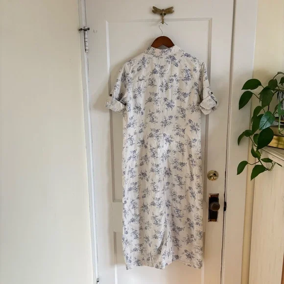 Eddie Bauer Prarie Linen Floral Shirt Dress  Cream & Blue 3/4 Sleeve Large - Picture 5 of 10